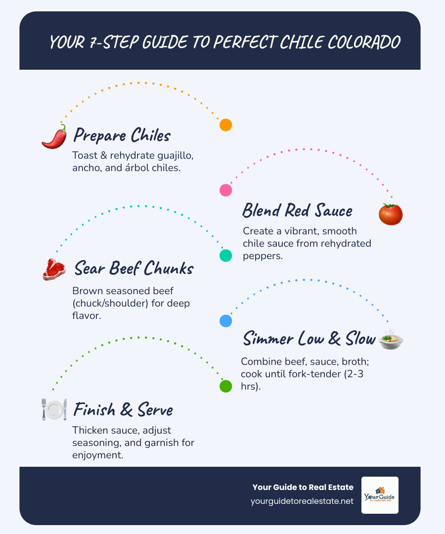 Infographic showing the 7 steps to make Chile Colorado: 1. Toast and rehydrate dried chiles, 2. Blend chiles into smooth red sauce, 3. Sear seasoned beef chunks until browned, 4. Combine beef with chile sauce and broth, 5. Simmer covered for 2-3 hours until tender, 6. Thicken sauce and adjust seasoning, 7. Serve with tortillas and garnishes - chile colorado infographic infographic-line-5-steps-blues-accent_colors