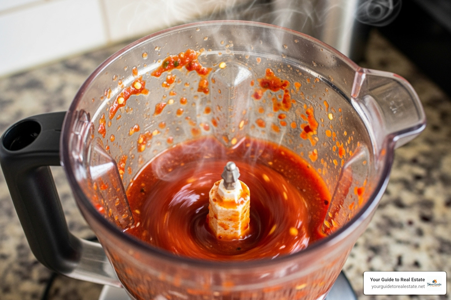 vibrant red chile sauce in a blender - chile colorado