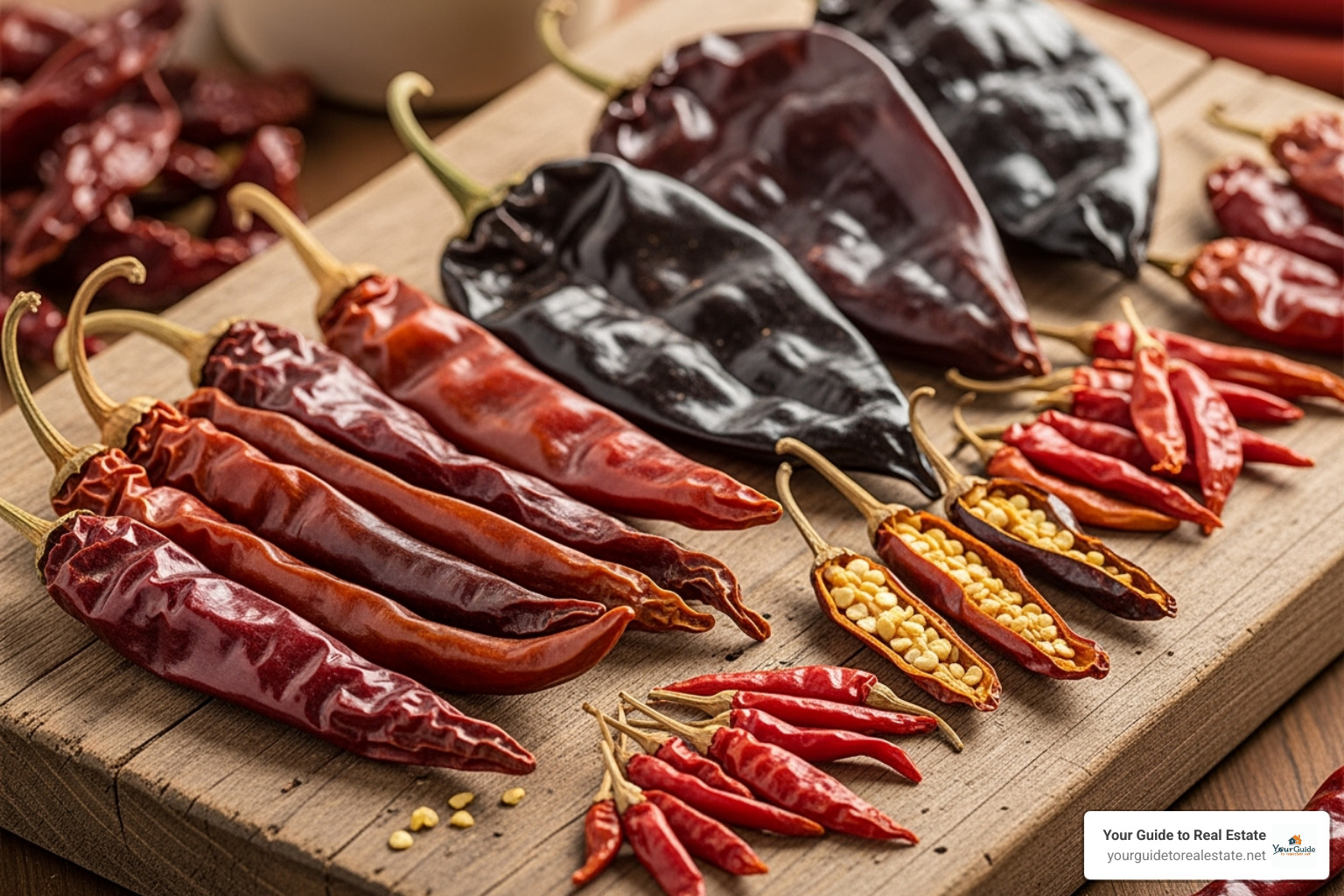 assorted dried chiles (Guajillo, Ancho, Árbol) on a wooden board - chile colorado