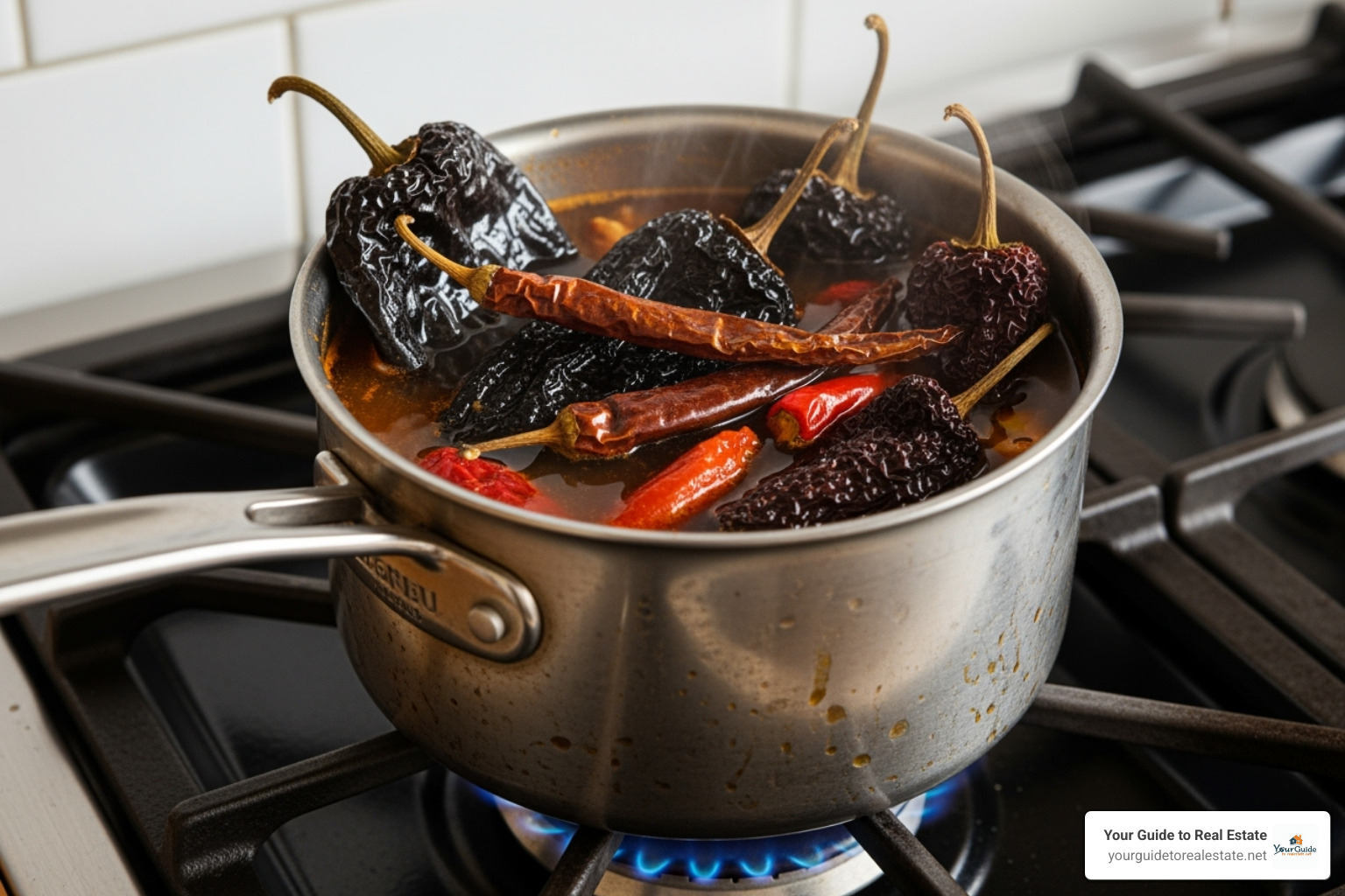 chiles rehydrating in a pot - chili colorado