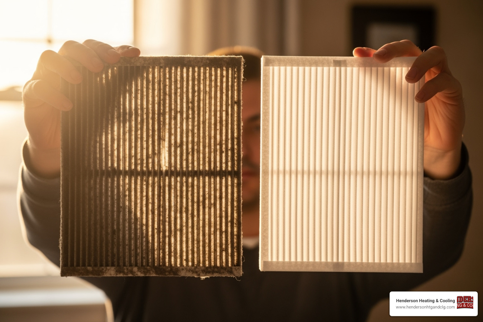 A homeowner holding up a visibly dirty HVAC filter to the light, comparing it to a clean filter - air filter replacement lebanon mo