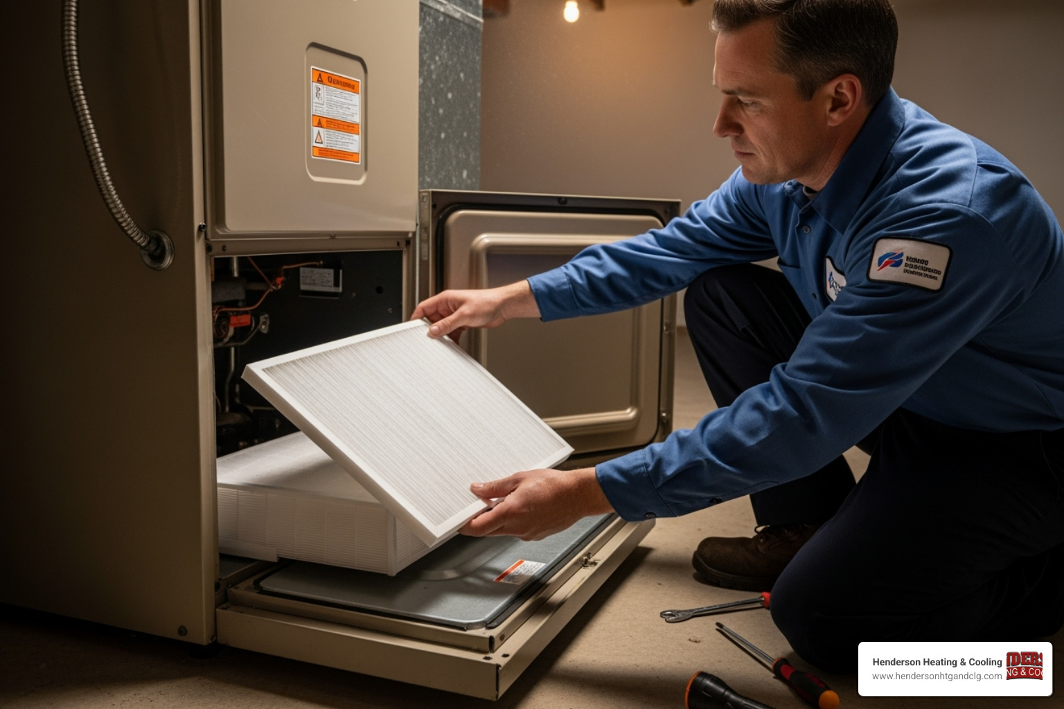 A professional technician carefully installing a new, clean air filter into an HVAC unit - air filter replacement lebanon mo