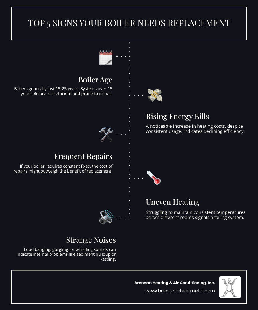 Infographic showing top 5 signs your boiler needs replacement: age over 15-20 years, frequent repair bills, rising energy costs despite same usage, uneven heating throughout home, and strange noises like banging or kettling - boiler installation new berlin infographic infographic-line-5-steps-dark