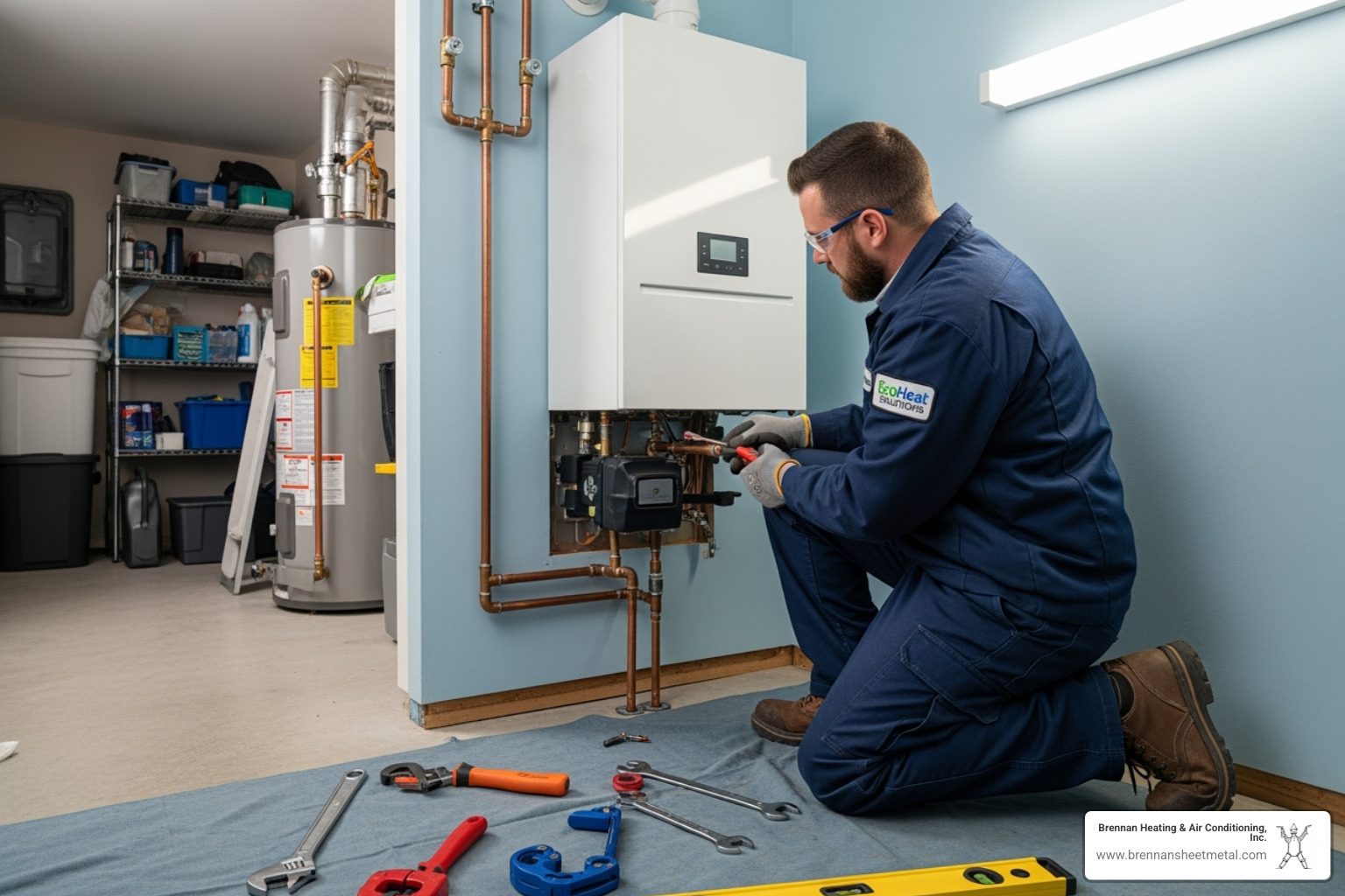 Certified technician carefully installing a new boiler - boiler installation new berlin