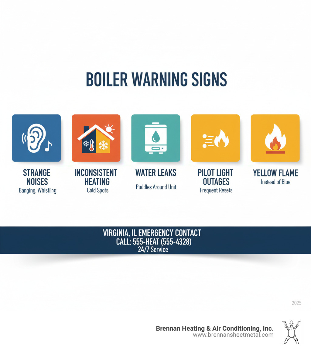 Infographic showing common boiler warning signs including strange noises like banging and whistling, inconsistent heating with cold spots in rooms, visible water leaks around the unit, frequent pilot light outages, and yellow flame color instead of blue, with emergency contact information for Virginia IL residents - boiler repair virginia il infographic 