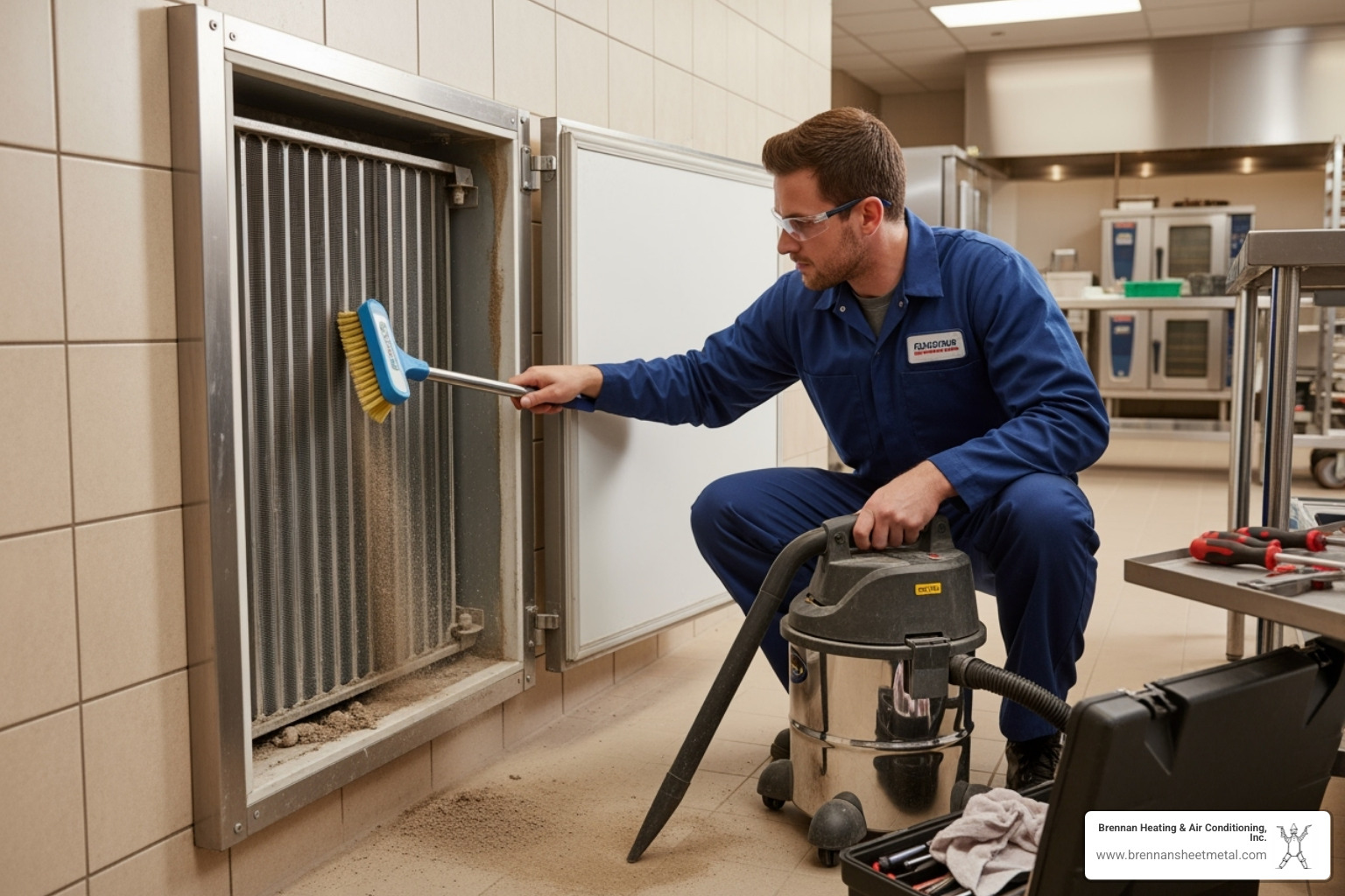 a technician cleaning commercial freezer condenser coils - commercial freezer repair new berlin