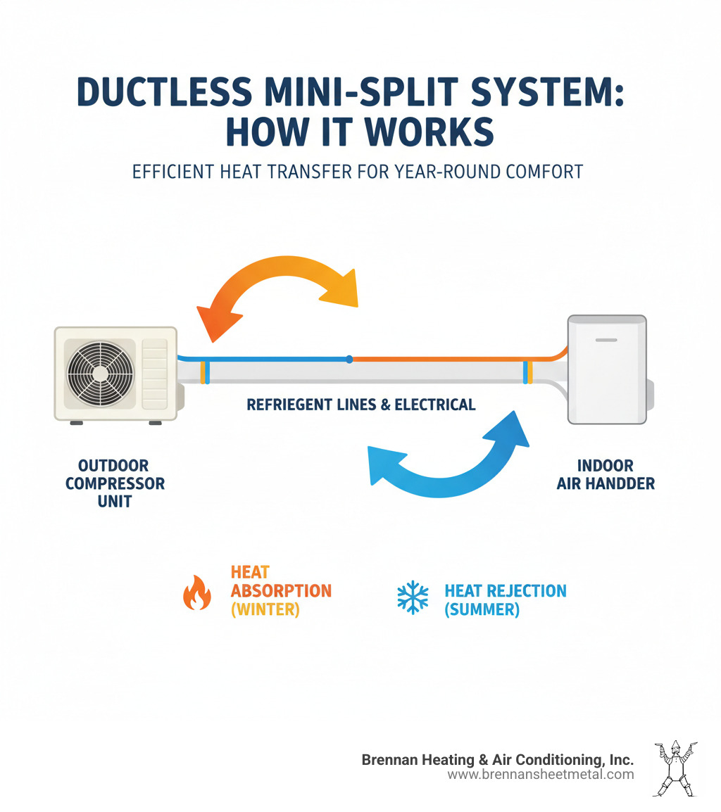 Infographic showing ductless mini-split system components: outdoor compressor unit connected to indoor air handler via refrigerant lines and electrical conduit, with arrows indicating heat transfer process - ductless heat pump virginia il infographic 