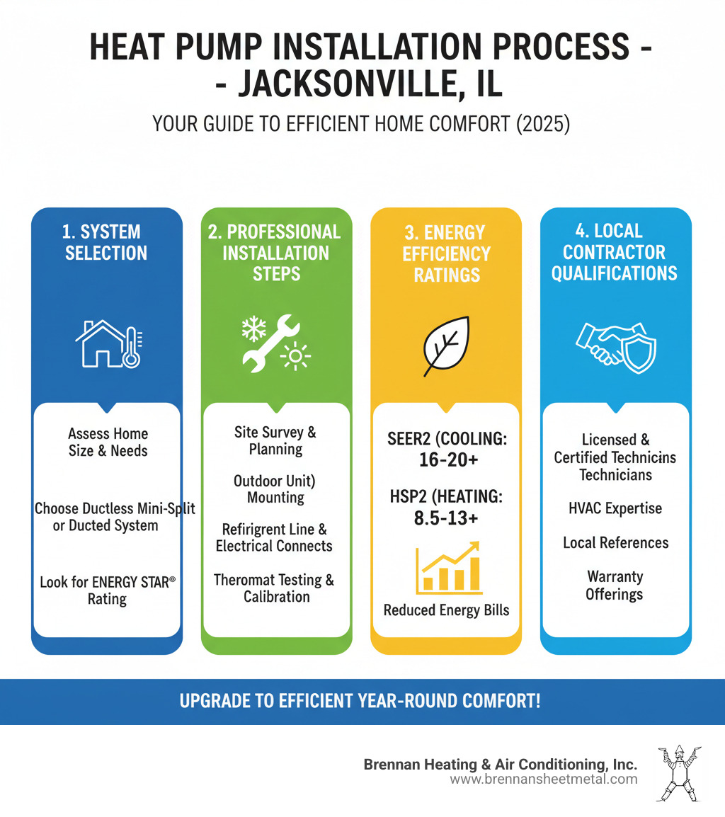 Infographic showing heat pump installation process in Jacksonville IL including system selection, professional installation steps, energy efficiency ratings, and local contractor qualifications - heat pump installation jacksonville il infographic 