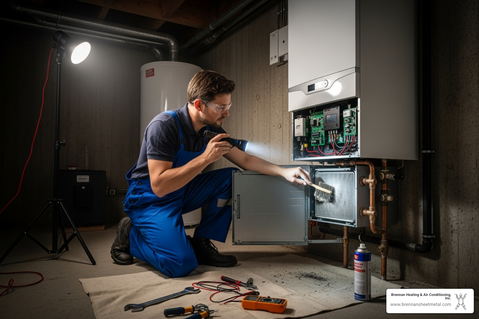 A technician performing a maintenance check on a residential boiler, inspecting components and cleaning the unit - boiler repair virginia il