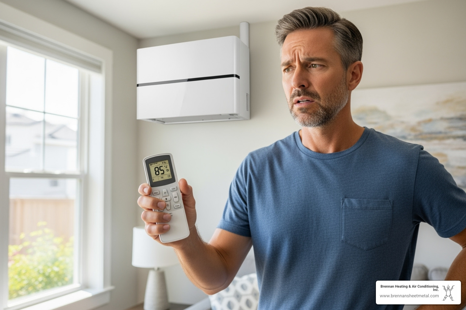 a homeowner looking concerned at their ductless unit's remote control - ductless hvac repair winchester