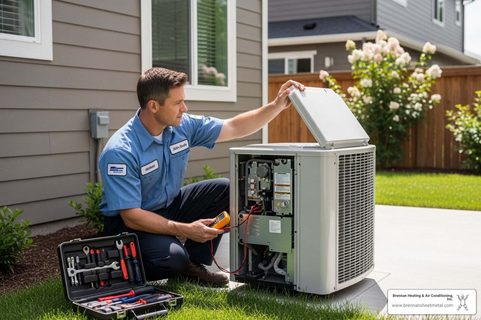 a professional technician inspecting an outdoor ductless condenser unit - ductless hvac repair winchester