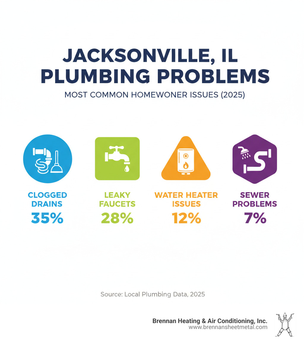Infographic showing the most common plumbing problems faced by homeowners in Jacksonville, IL including clogged drains at 35%, leaky faucets at 28%, water heater issues at 18%, low water pressure at 12%, and sewer problems at 7% - plumbing services jacksonville il infographic 