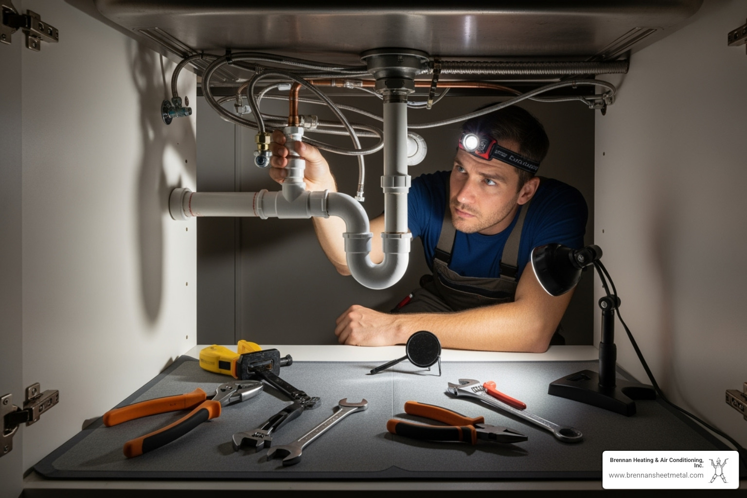 Plumber inspecting pipes under a sink - plumbing services jacksonville il