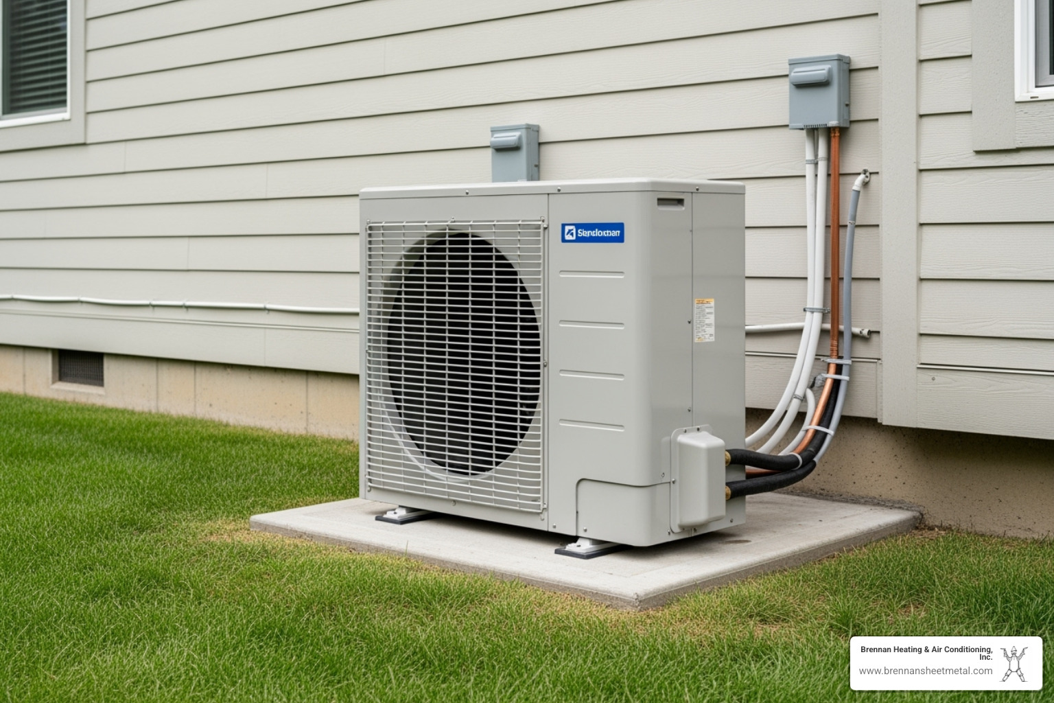 Image of a clean, professional installation of an outdoor unit next to a house - ductless heat pump virginia il