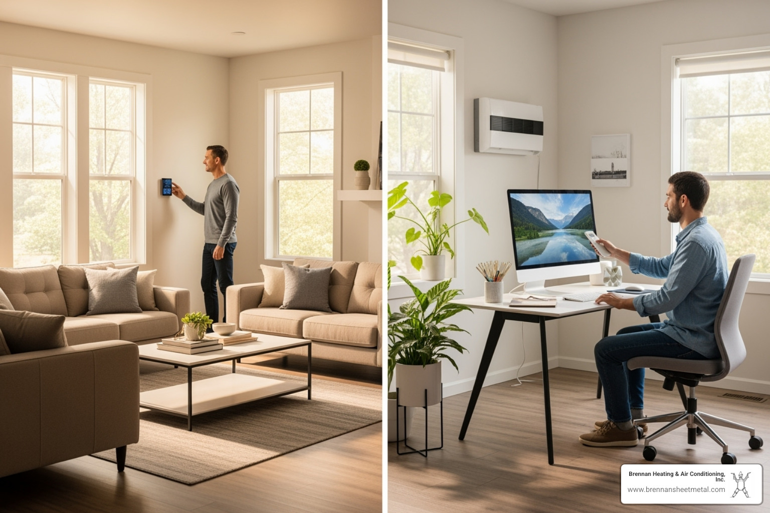 Image of a family using remote controls to set different temperatures in a living room and a home office - ductless heat pump virginia il