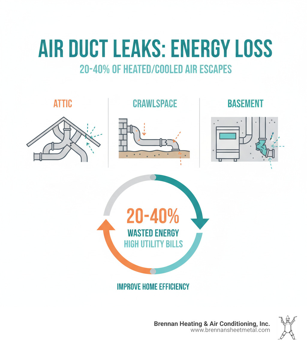 Infographic showing how 20-40% of heated and cooled air escapes through common duct leaks in attics, crawlspaces, and basement areas, with arrows indicating air loss at joints, connections, and damaged duct sections - air duct sealing winchester infographic 