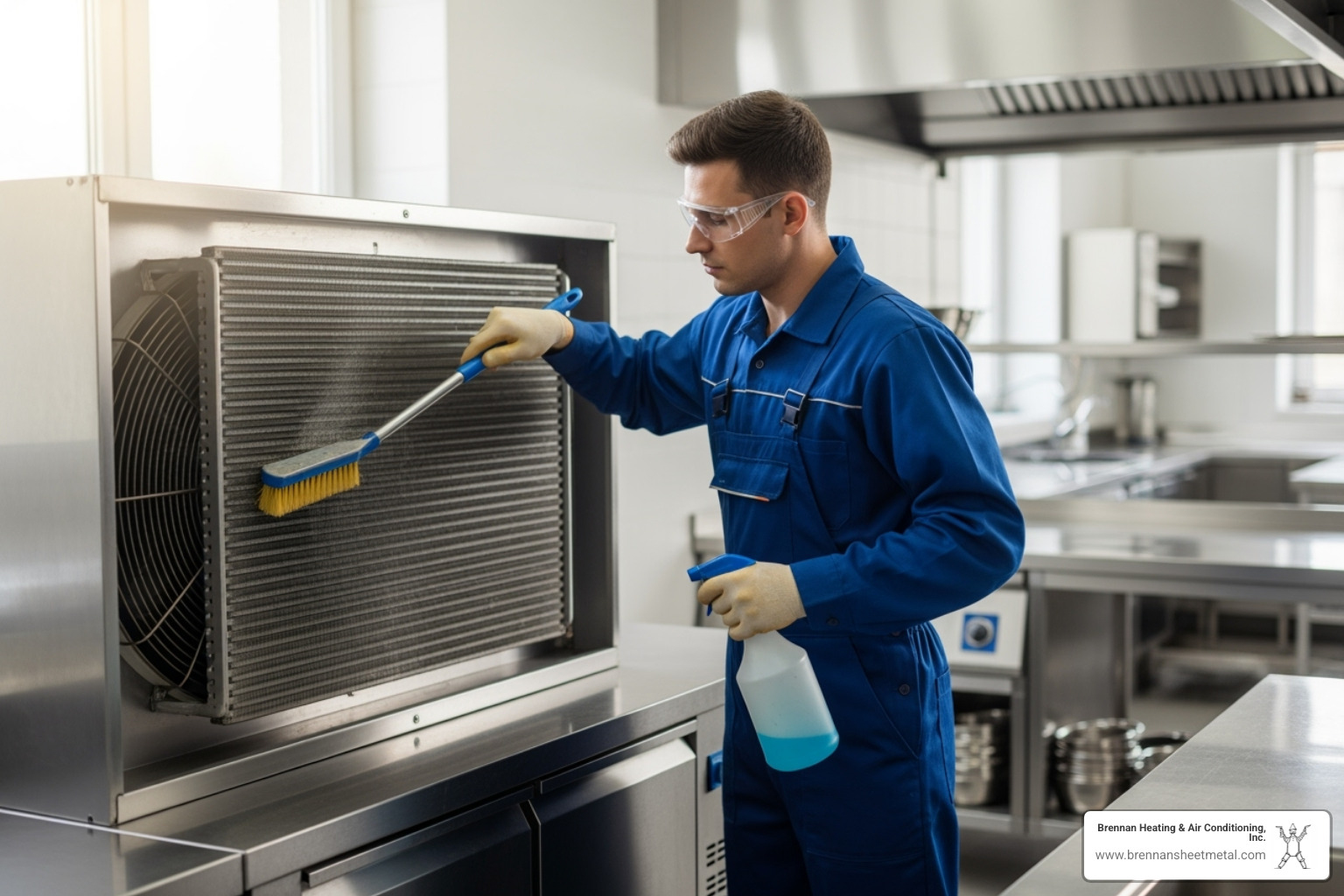Image of a technician performing maintenance, such as cleaning condenser coils - cold storage repair virginia il
