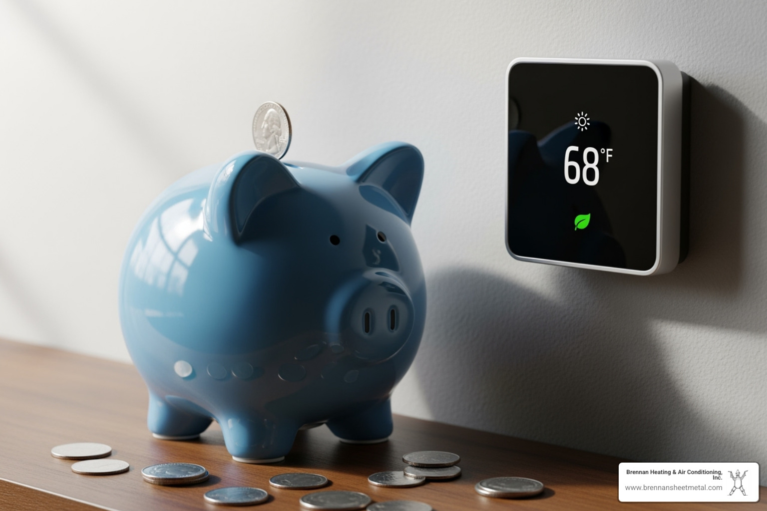 piggy bank next to a home's thermostat, indicating savings - air duct sealing winchester
