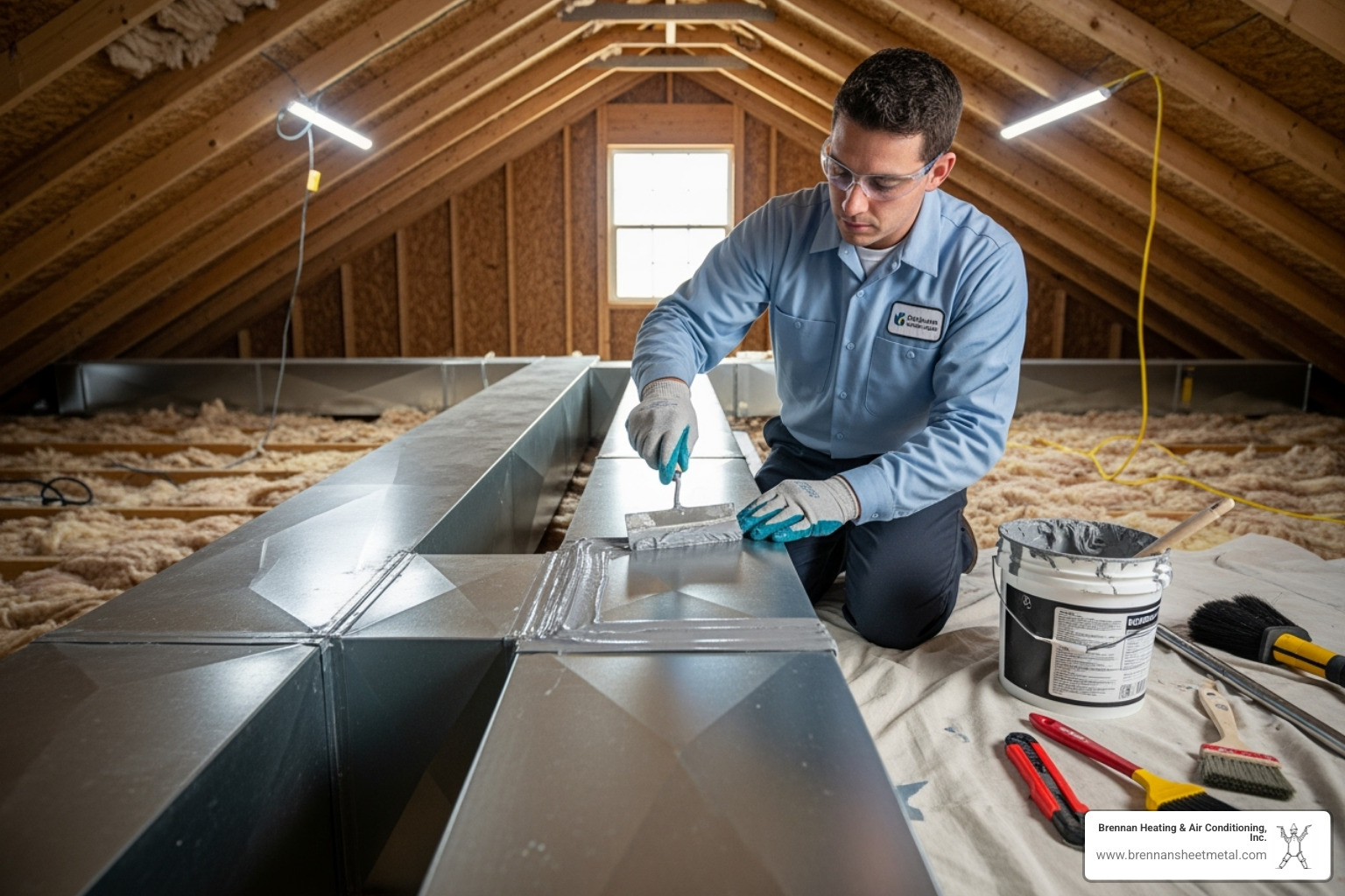 certified technician using mastic sealant on a duct joint in a clean attic - air duct sealing winchester