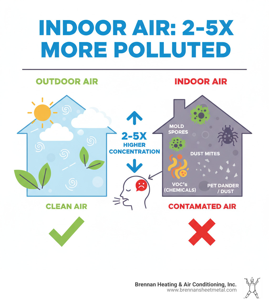 Infographic showing indoor air pollutants are 2-5 times more concentrated than outdoor air, with visual comparison of clean outdoor air versus contaminated indoor air containing mold spores, dust mites, VOCs, and other common household pollutants - indoor air quality testing jacksonville il infographic 