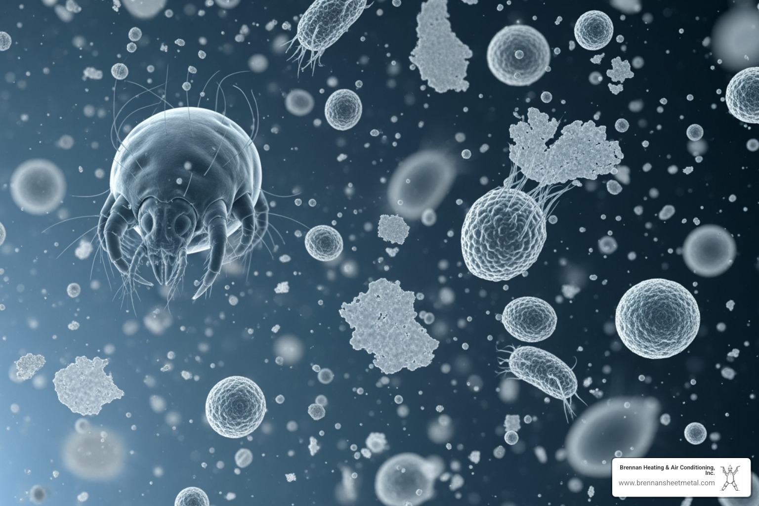 Microscopic view of common air pollutants like dust mites, mold spores, pet dander, and pollen, illustrating their unseen presence in indoor air - indoor air quality testing jacksonville il