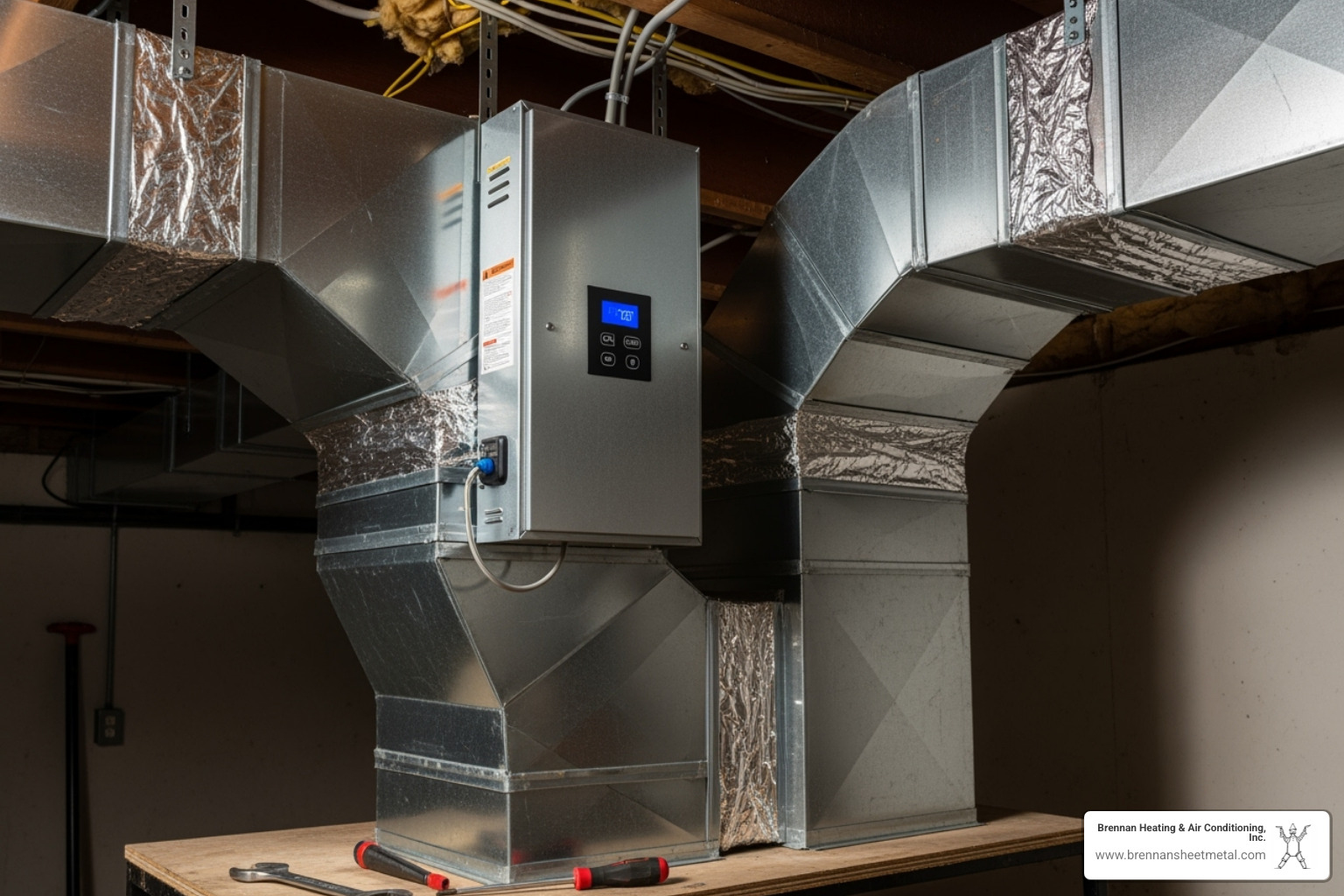 An air scrubber unit seamlessly integrated into an HVAC system, illustrating a whole-home air purification solution - indoor air quality testing jacksonville il