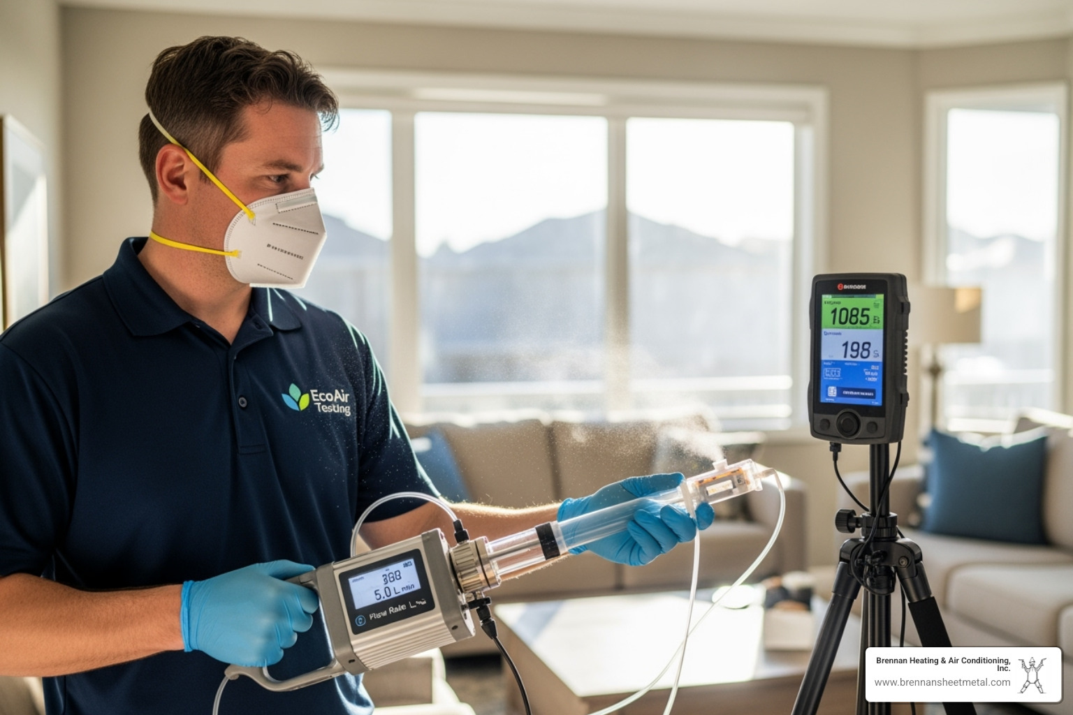 A certified technician in protective gear performing an air quality test inside a home, using specialized equipment to collect air samples - indoor air quality testing jacksonville il