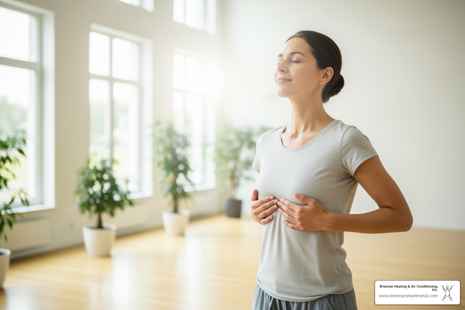 A person taking a deep, easy breath in a bright, clean indoor environment, symbolizing improved respiratory health - indoor air quality testing jacksonville il