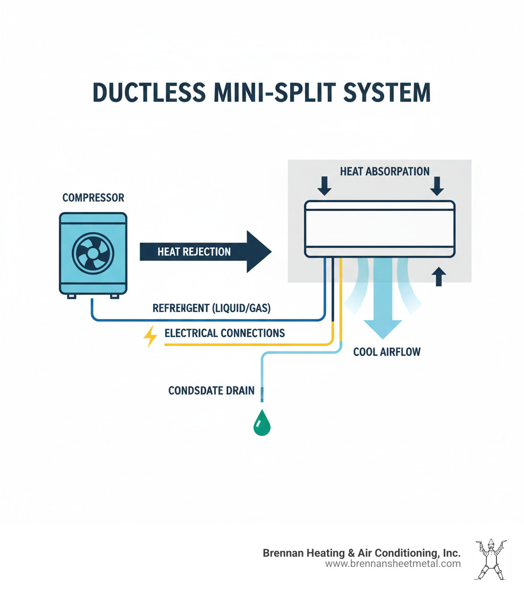 Infographic showing the components of a ductless mini-split system including outdoor compressor unit, indoor air handler, refrigerant lines, electrical connections, and condensate drain with arrows indicating airflow and heat transfer process - ductless ac repair murrayville infographic 