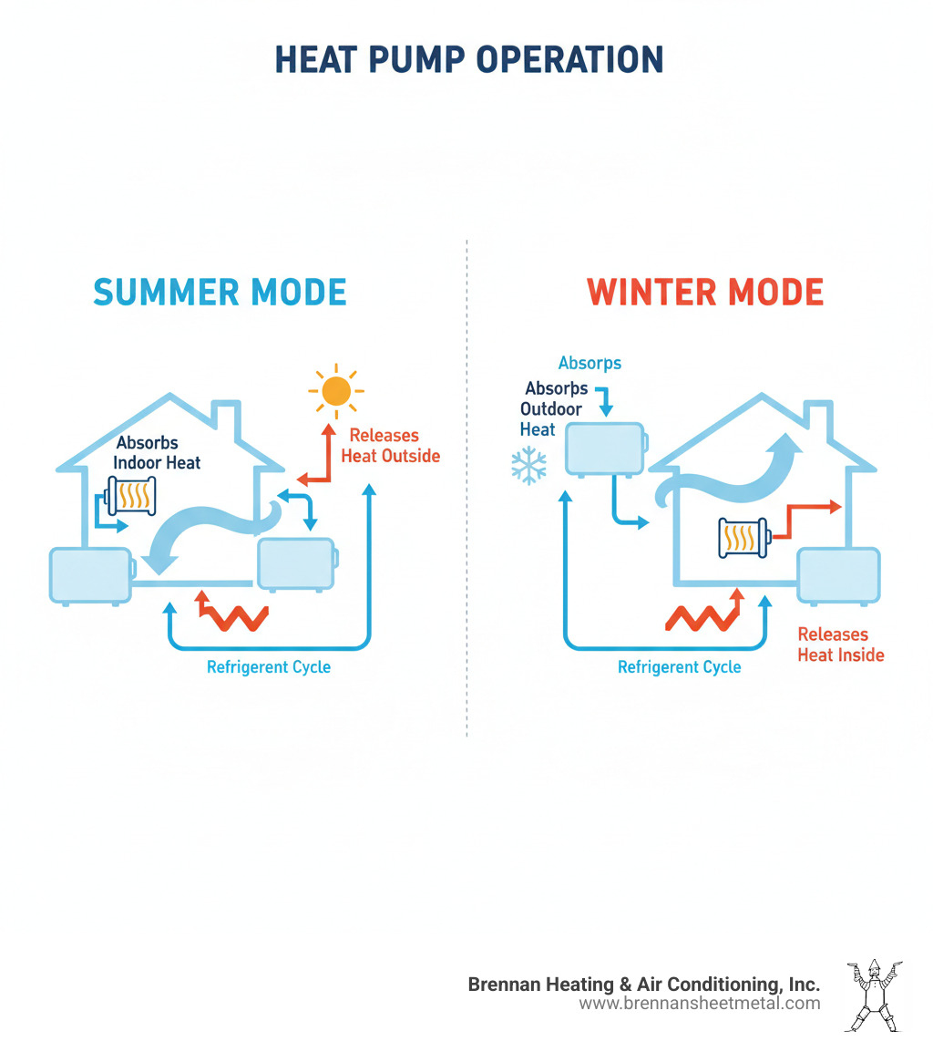 Infographic showing heat pump operation in summer mode with refrigerant absorbing indoor heat and releasing it outside, and winter mode with the process reversed to bring outdoor heat inside through the refrigerant cycle - energy efficient heat pump jacksonville il infographic 
