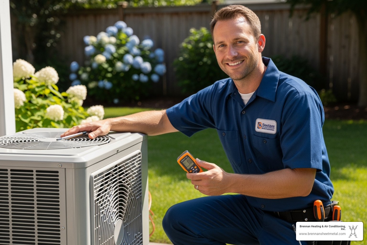 a friendly technician inspecting an outdoor ductless AC condenser unit - ductless ac repair murrayville