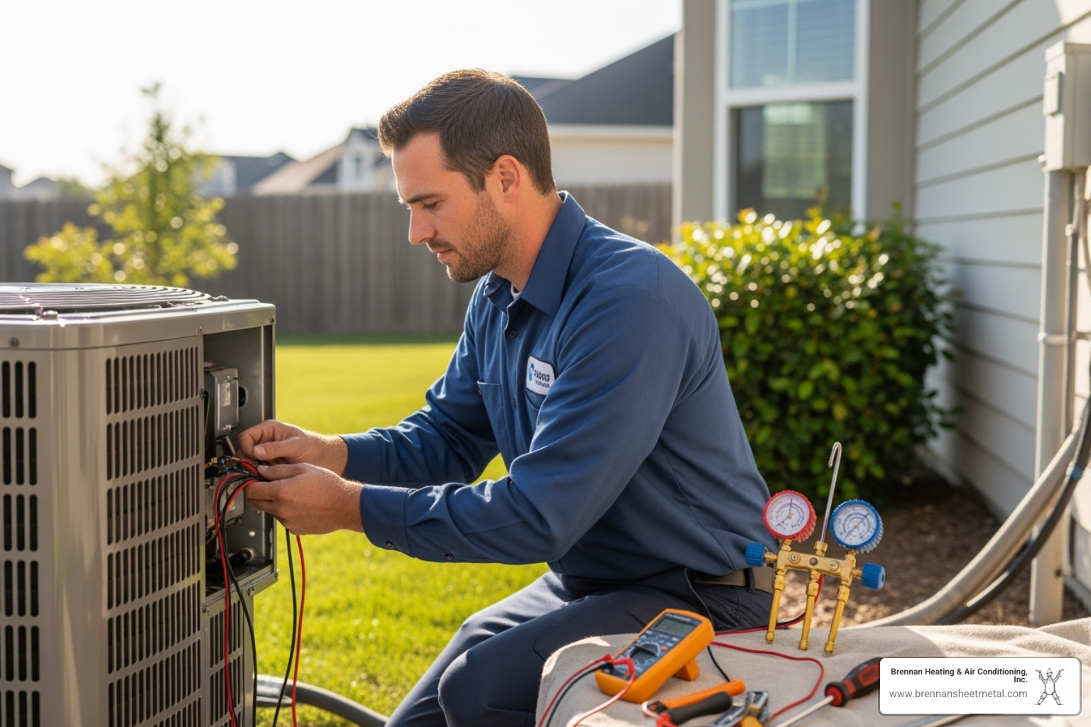 A professional HVAC technician in a uniform diligently servicing an outdoor air conditioning unit, ensuring optimal performance and efficiency. - hvac repair new berlin