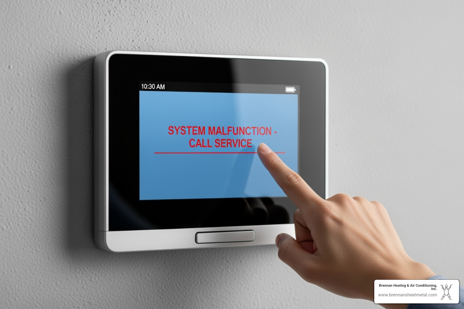 A digital thermostat displaying an error message, with a hand pointing towards it, indicating a malfunction in the home's heating and cooling system. - hvac repair new berlin