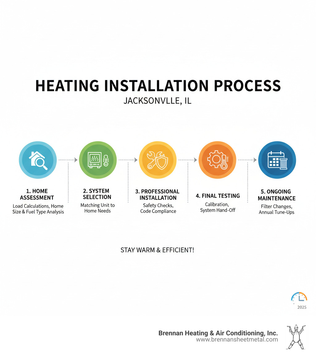 Infographic showing the complete heating installation process in Jacksonville IL, including initial home assessment with load calculations, system selection based on home size and fuel type, professional installation with safety checks and code compliance, final testing and calibration, and ongoing maintenance schedule with filter changes and annual tune-ups - heating installation jacksonville il infographic 