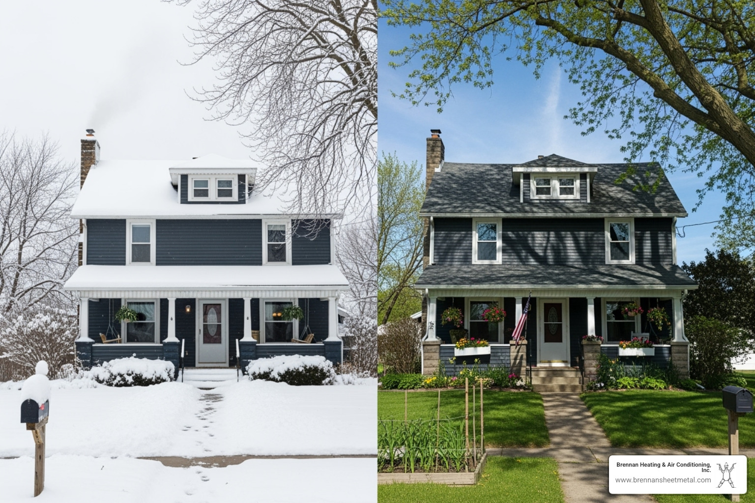 A split image showing a cozy home in New Berlin, IL, first blanketed in deep snow during winter, then basking in bright sunshine during a hot summer, illustrating the extreme seasonal demands on HVAC systems. - hvac repair new berlin