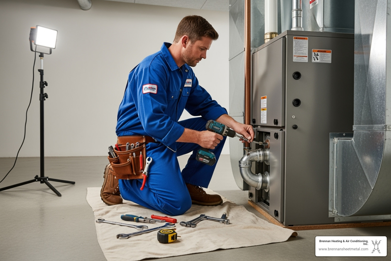 Image of a certified technician carefully installing a new furnace in a clean basement - heating installation jacksonville il
