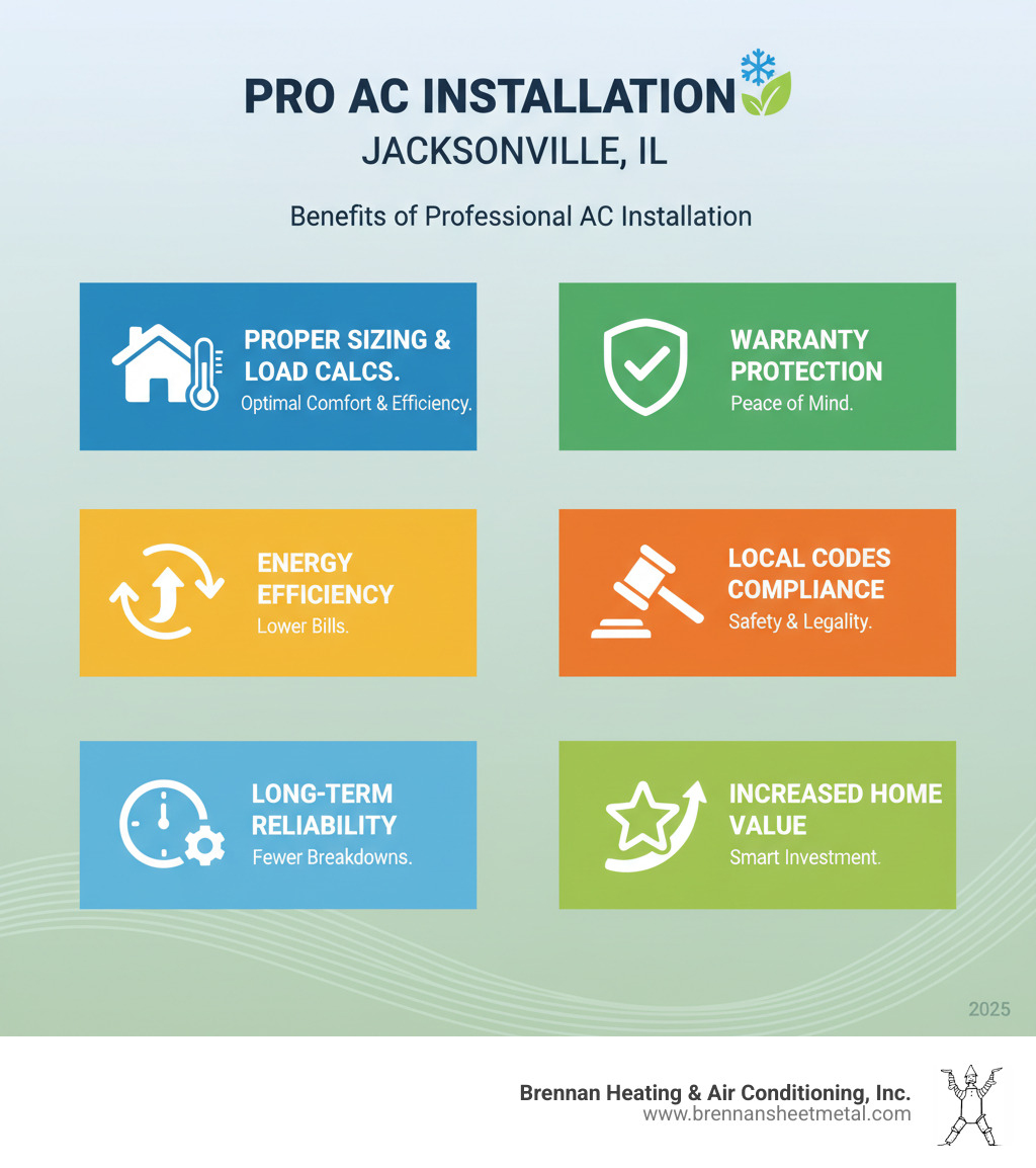 Benefits of Professional AC Installation in Jacksonville IL including proper sizing load calculations warranty protection energy efficiency compliance with local codes and long-term reliability - ac installation jacksonville il infographic 