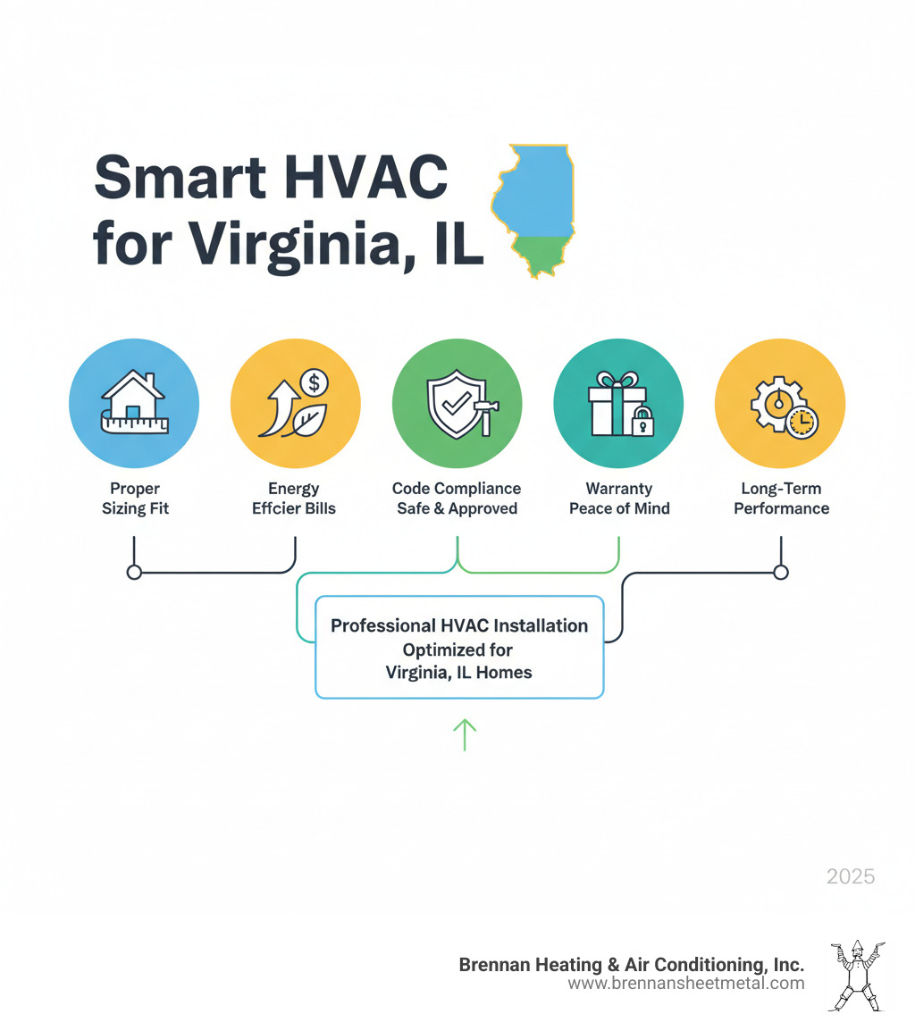 Benefits of Professional HVAC Installation in Virginia IL including proper sizing, energy efficiency ratings, code compliance, warranty protection, and long-term performance optimization - hvac installation virginia il infographic 
