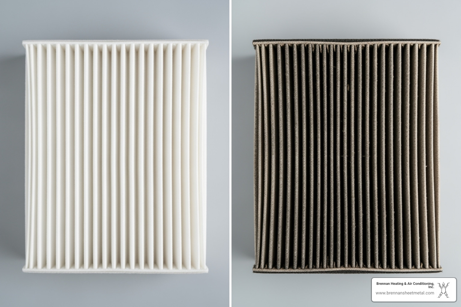 A split image comparing a clean air filter to a dirty, clogged one, highlighting the impact on AC performance - ac installation jacksonville il