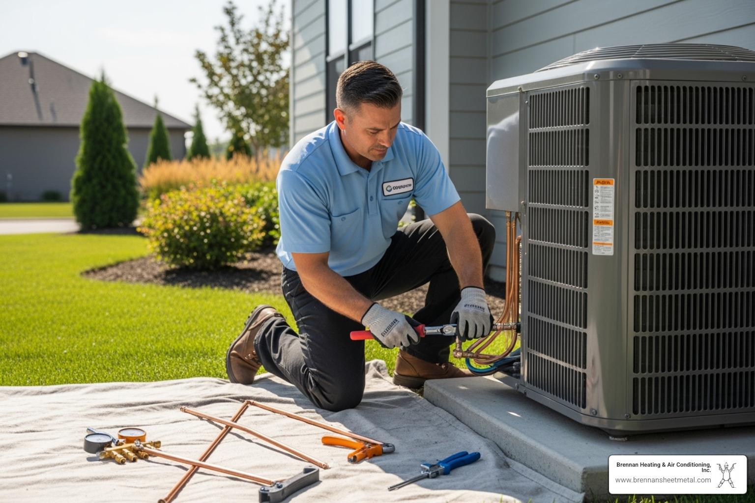 A certified technician professionally installing a new outdoor AC unit, connecting refrigerant lines - ac installation jacksonville il