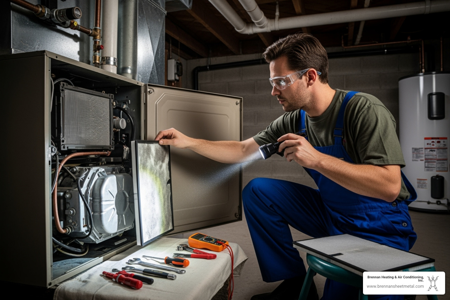 Technician performing routine maintenance on a furnace - hvac installation virginia il