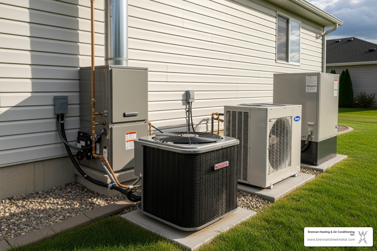 Different types of HVAC units like a furnace, an AC condenser, and a heat pump - hvac installation virginia il