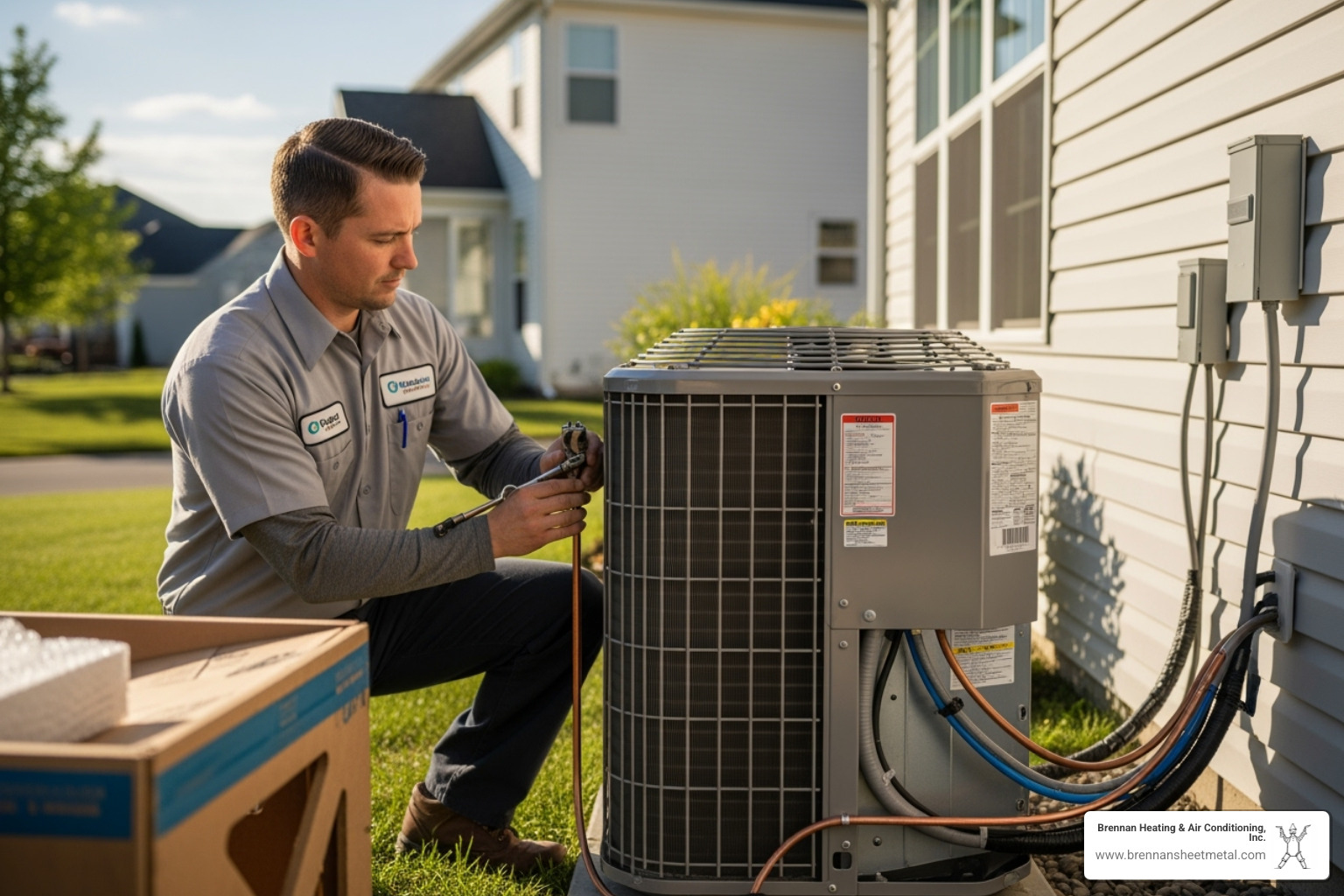 Certified technician professionally installing an outdoor AC unit - hvac installation virginia il