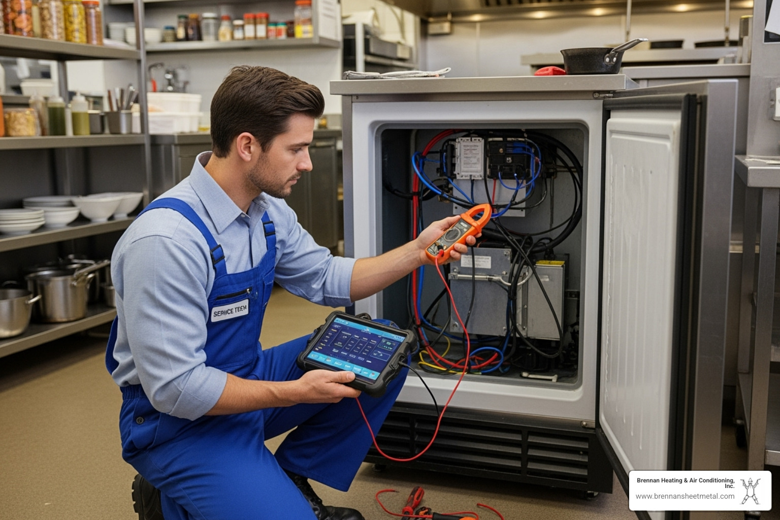 technician diagnosing commercial freezer - business refrigeration service murrayville