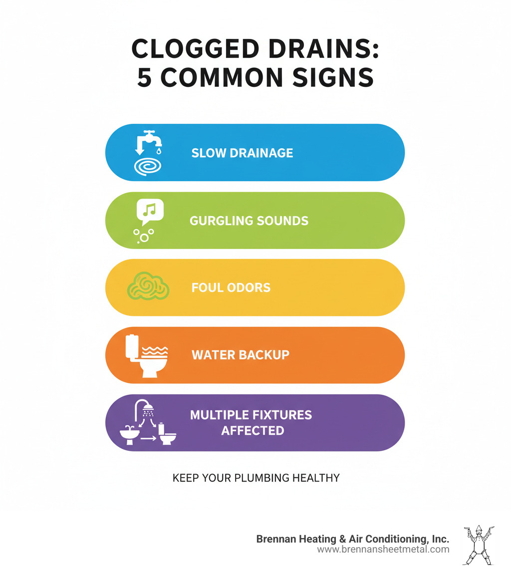Infographic showing the 5 most common signs of clogged drains: slow drainage, gurgling sounds, foul odors, water backup, and multiple fixtures affected simultaneously - drain cleaning new berlin infographic 