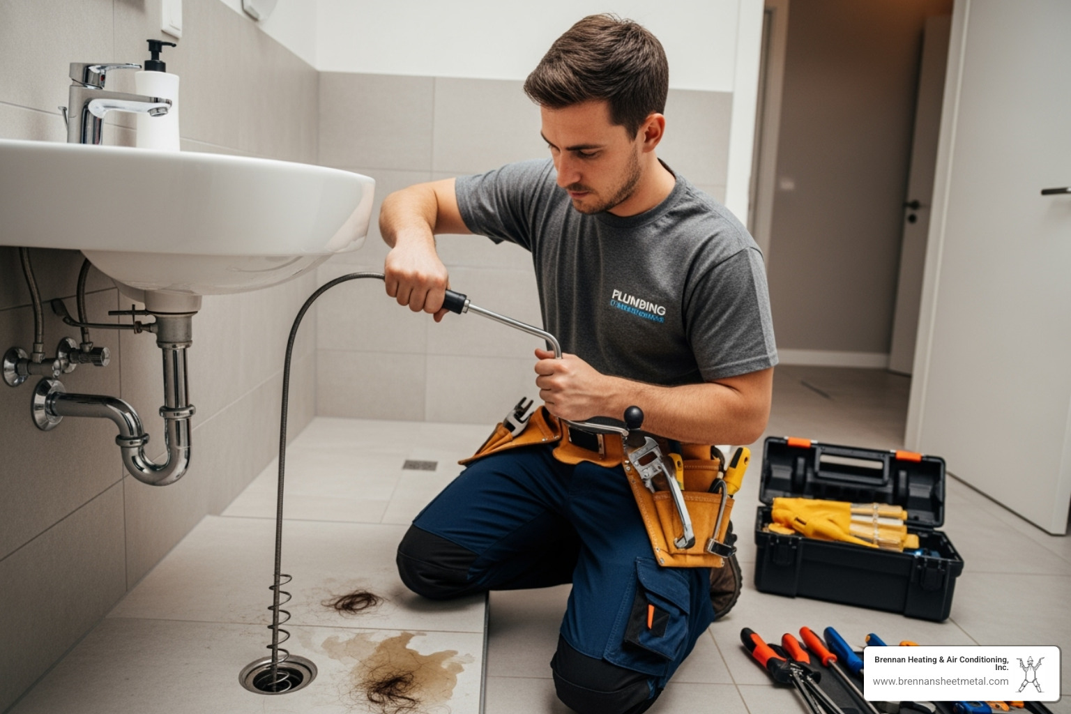 professional drain snake tool being used by a technician - drain cleaning new berlin