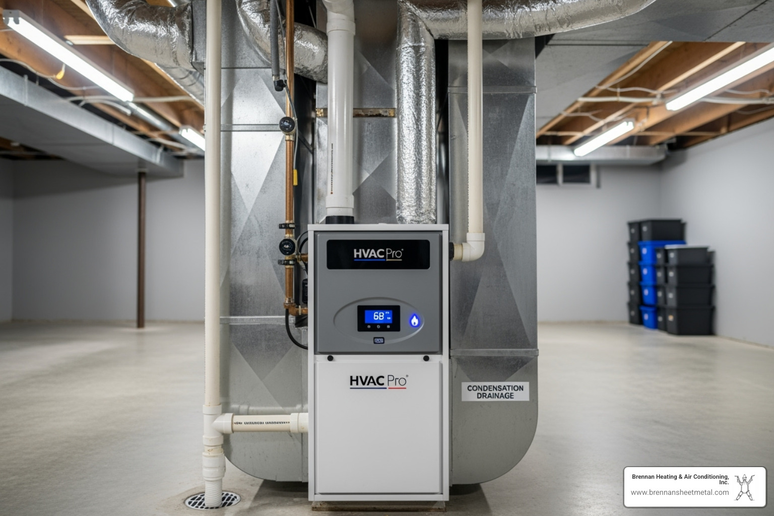 a modern, high-efficiency furnace in a clean basement - central heating repair new berlin