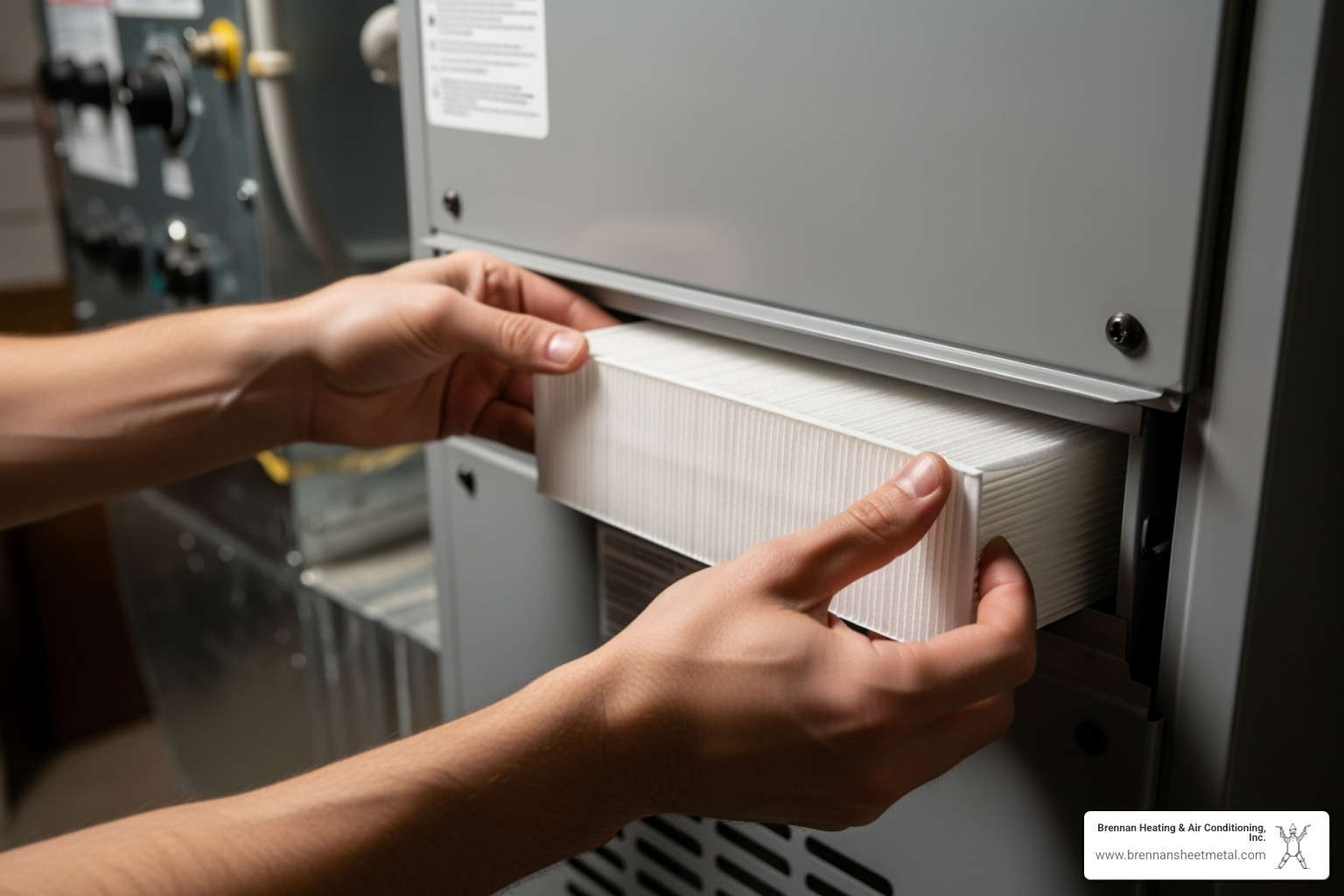 a homeowner easily sliding a new, clean air filter into a furnace - central heating repair new berlin