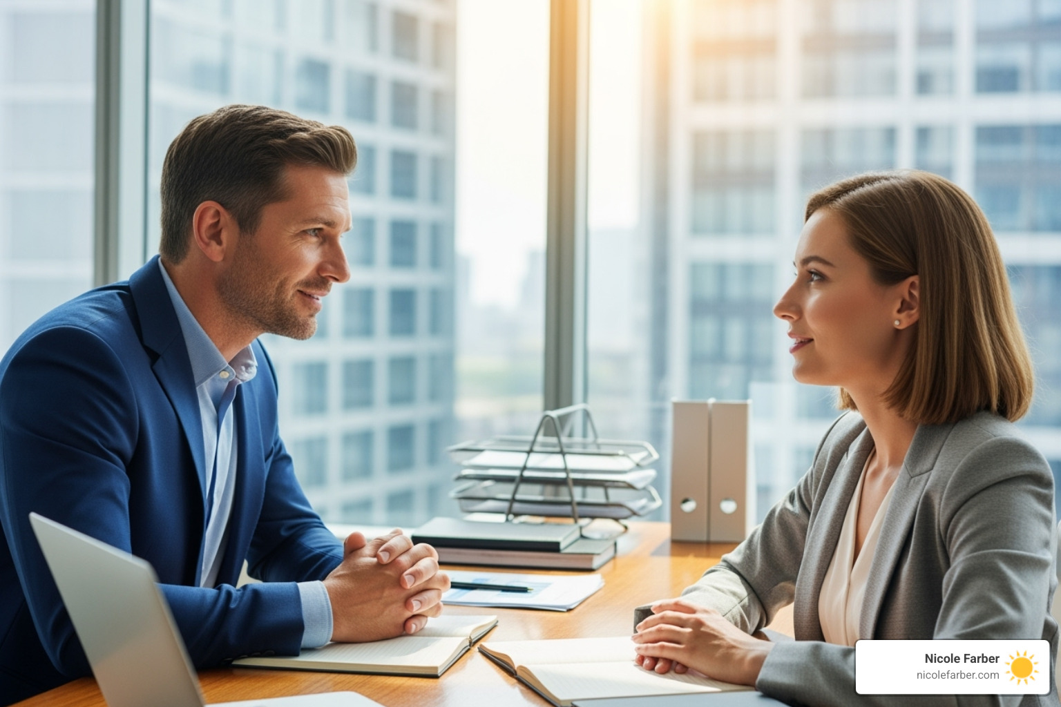 Leader calmly talking with an employee, showing support - Small business leadership