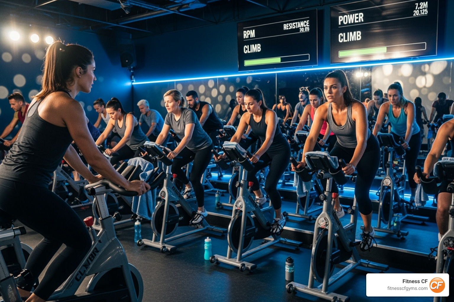 A group of diverse individuals in a spinning class, performing a standing climb movement with focused expressions - what are spinning classes
